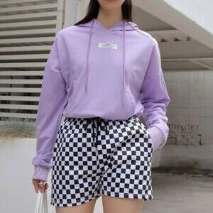 Dazy Purple Letter Words Patched Drawstring Hooded Sweatshirt